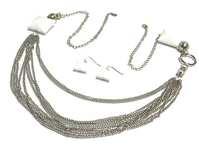 Multi strands metal necklace with acrylic facet cut stone and earring set