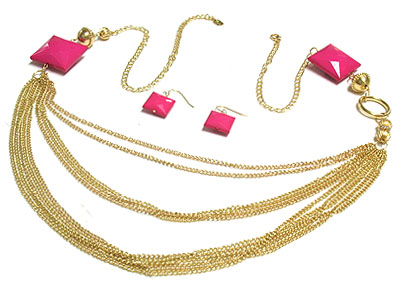 Multi strands metal necklace with acrylic facet cut stone and earring set