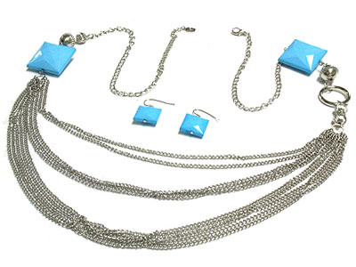 Multi strands metal necklace with acrylic facet cut stone and earring set 