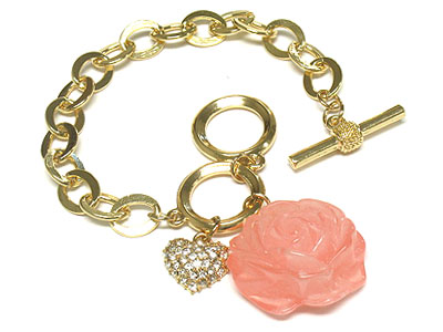 A rose made of precious stone and crystal heart charm toggle bracelet