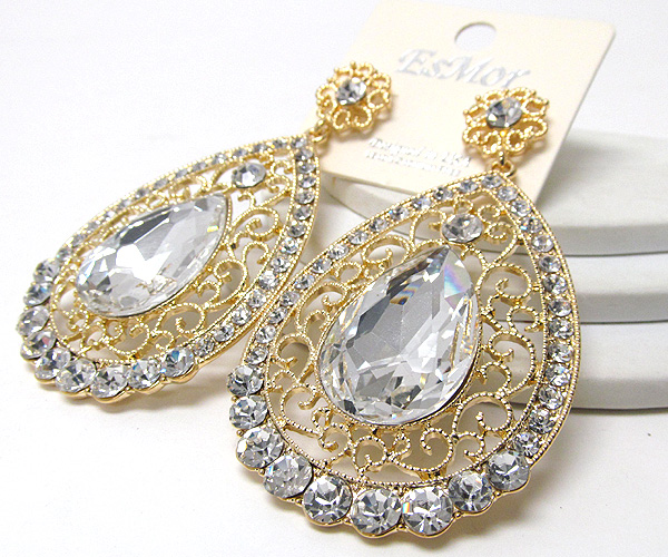 Multi crystal large metal filigre tear drop earring