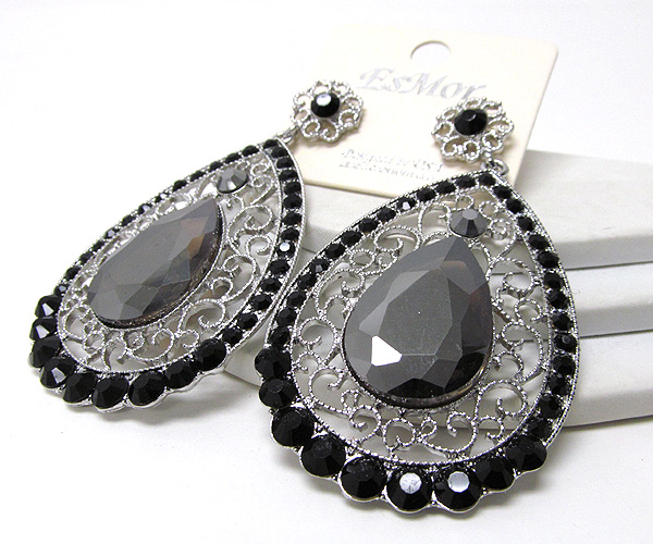 Multi crystal large metal filigre tear drop earring