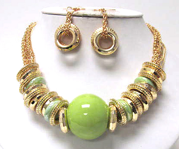 Multi chain and  multi metal ring drop large acryl ball necklace earring set