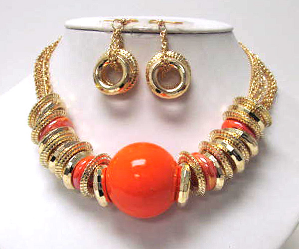 Multi chain and  multi metal ring drop large acryl ball necklace earring set