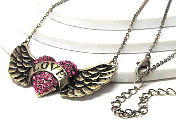 Message and crystal stud heart and angel wing necklace