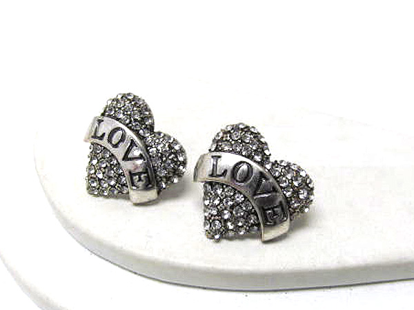 Message and crystal stud heart and angel wing earring