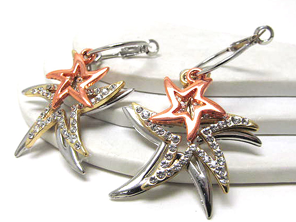 Three crystal metal stars earring