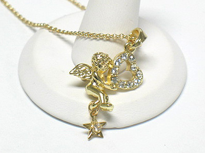 Crystal angel and heart pendant necklace