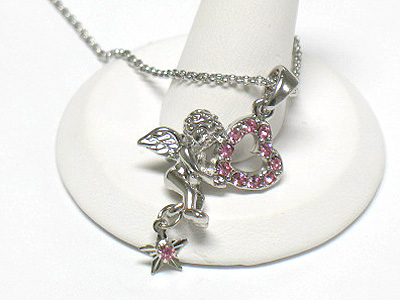 Crystal angel and heart pendant necklace