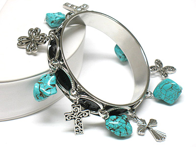 Cross charm and turquoise stone dangle bangle