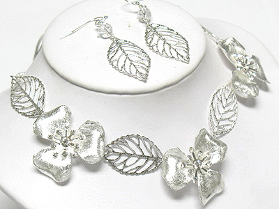 Crystal and metal flower link necklace and earring set