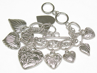 Multi metal filigree heart charm dangle chain bracelet