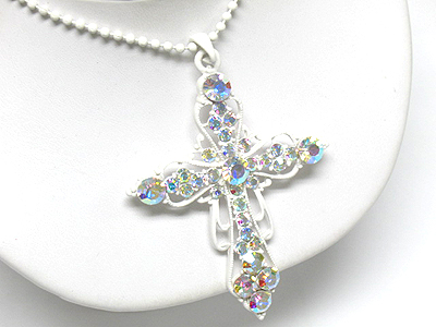 Large crystal cross pendant long necklace