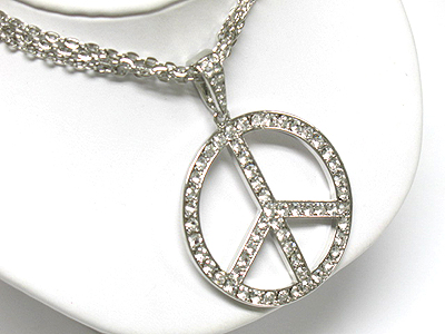 Large crystal peace mark pendant long necklace