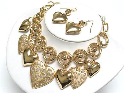 Filigree metal heart charm dangle chain necklace and earring set