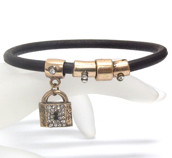 Crystal both side lock charm and leatherette band magnetic bracelet