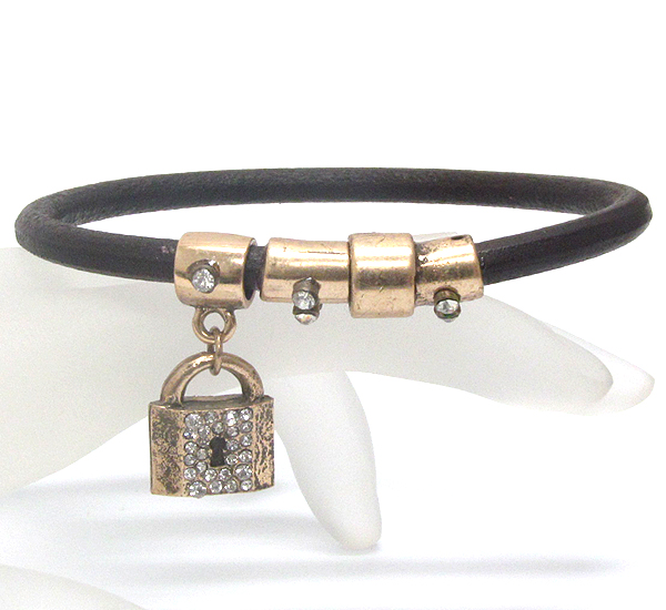 Crystal both side lock charm and leatherette band magnetic bracelet