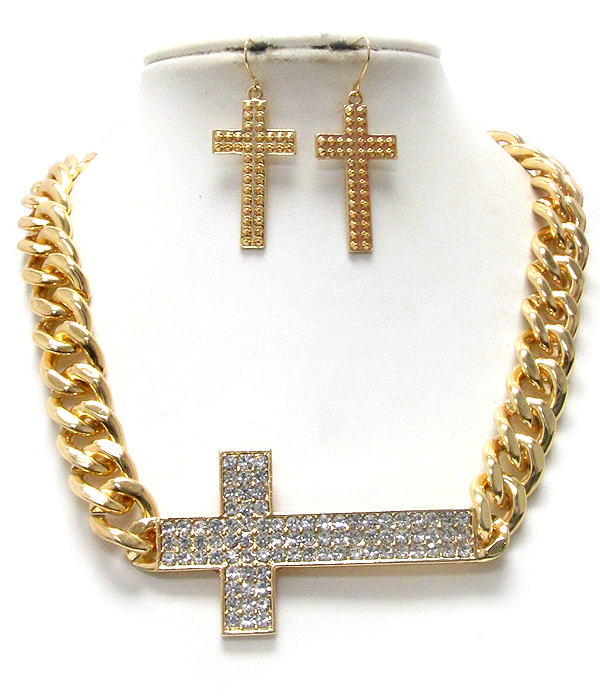 Crystal deco side cross and thick chain necklace earring set