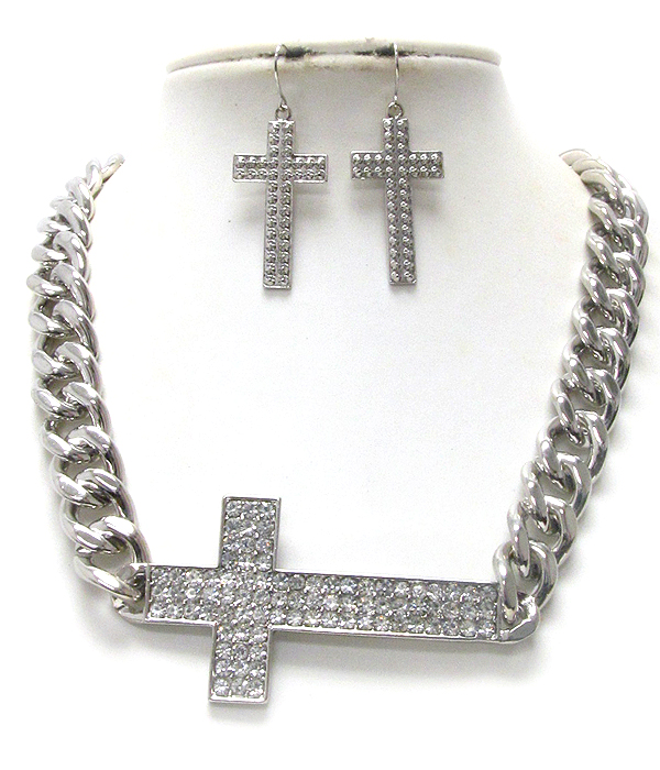 Crystal deco side cross and thick chain necklace earring set