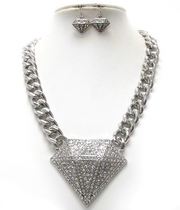 Crystal deco diamond pendant and chain necklace earring set