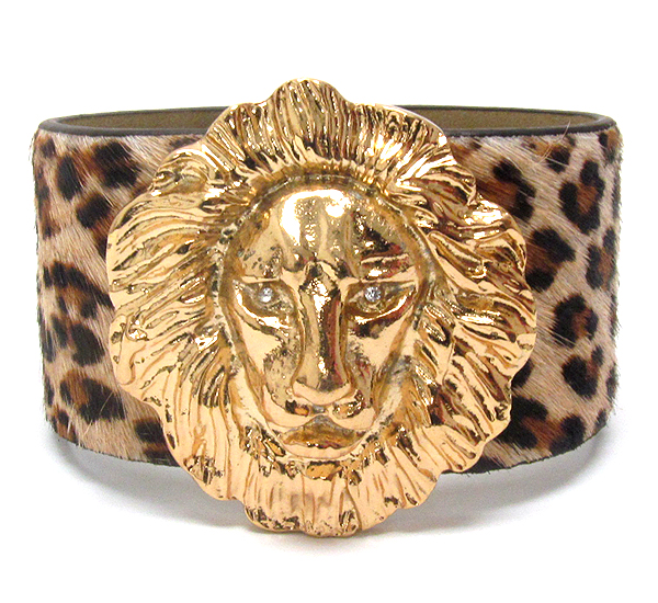 Crystal eyed lion head and animal print fur band rihanna style bracelet