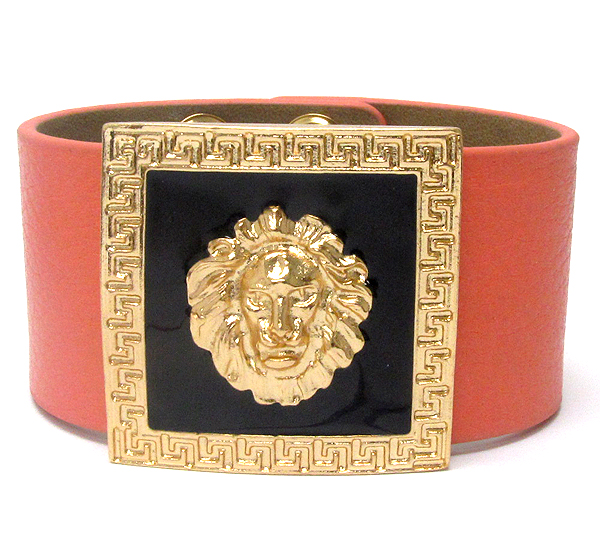 Metal lion head and epoxy deco plate rihanna style leatherette band bracelet