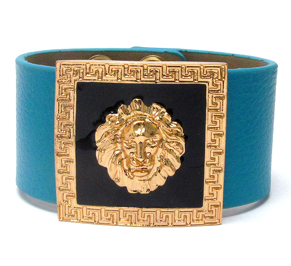 Metal lion head and epoxy deco plate rihanna style leatherette band bracelet