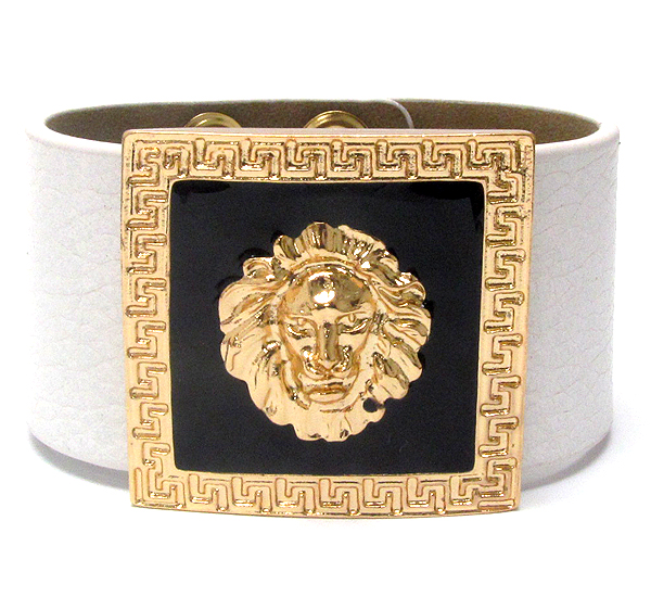 Metal lion head and epoxy deco plate rihanna style leatherette band bracelet