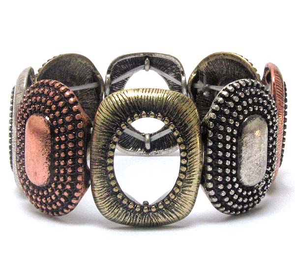 Textured multi metal plate link stretch bracelet