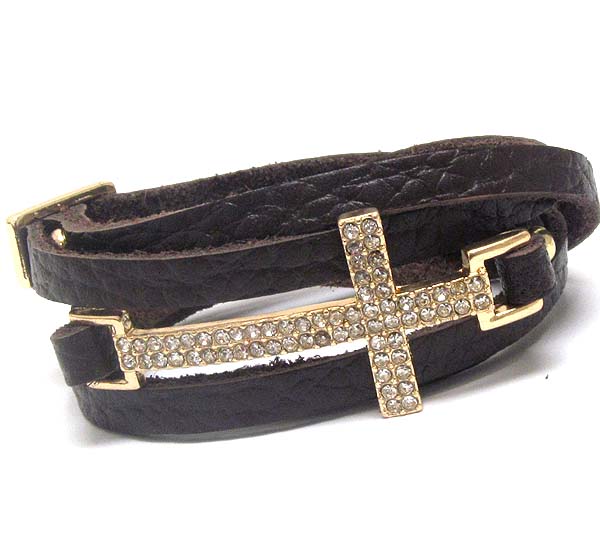 Crystal cross and leatherette wrap bracelet