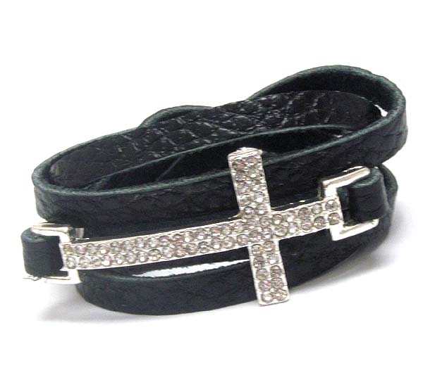 Crystal cross and leatherette wrap bracelet