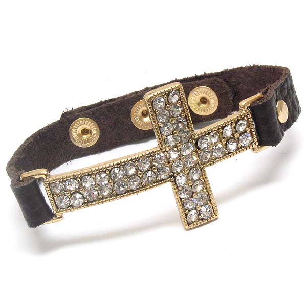 Crystal cross and leatherette button bracelet