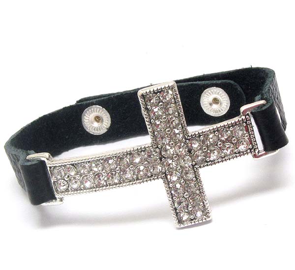 Crystal cross and leatherette button bracelet