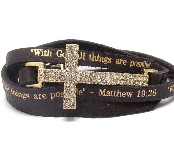 Crystal cross and leatherette message wrap bracelet - mathew 19:26