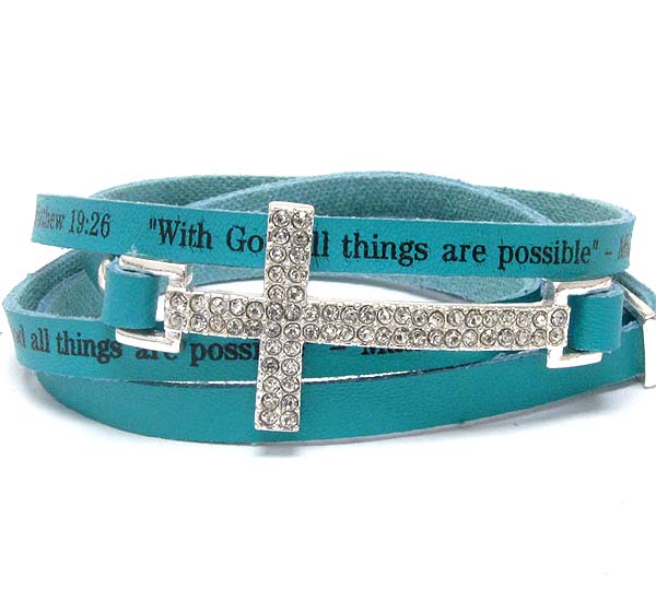 Crystal cross and leatherette message wrap bracelet - mathew 19:26