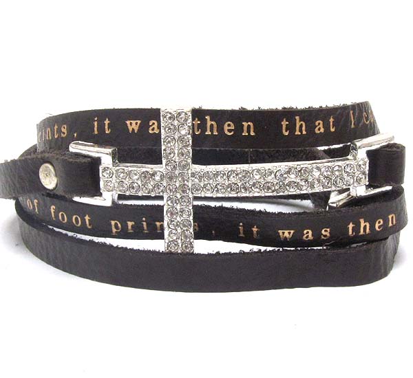 Crystal cross and leatherette message wrap bracelet - foot print