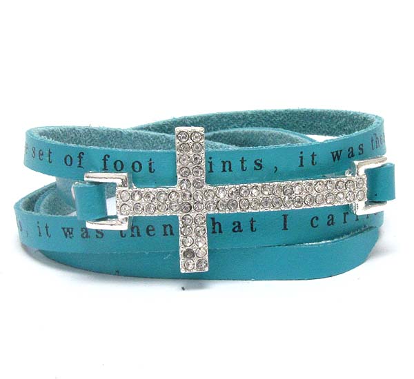 Crystal cross and leatherette message wrap bracelet - foot print