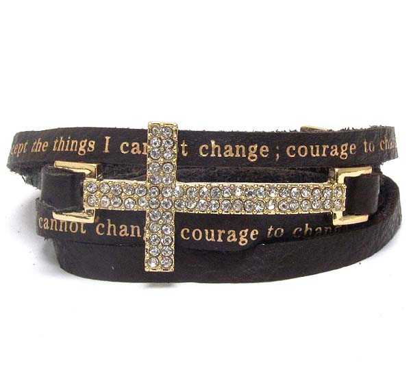 Crystal cross and leatherette message wrap bracelet - serenity prayer