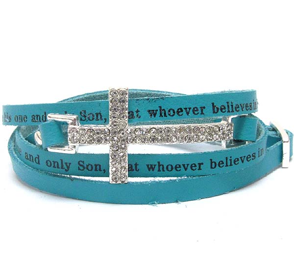 Crystal cross and leatherette message wrap bracelet - john 3:16