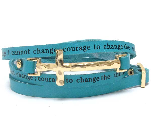 Hammered metal cross and leatherette message wrap bracelet - serenity prayer