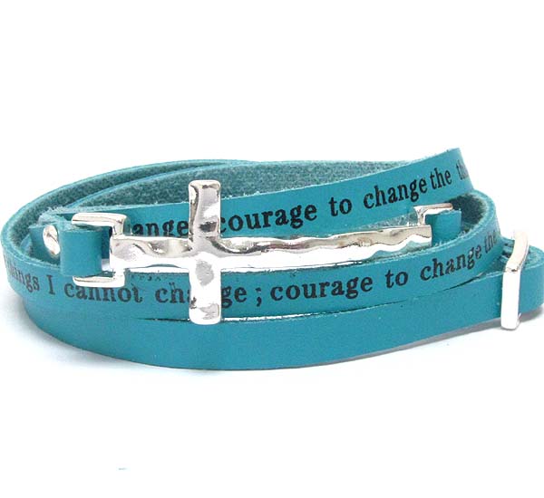 Hammered metal cross and leatherette message wrap bracelet - serenity prayer