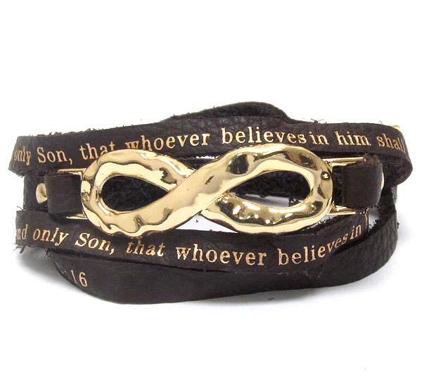 Hammered metal infinite and leatherette message wrap bracelet - john 3:16