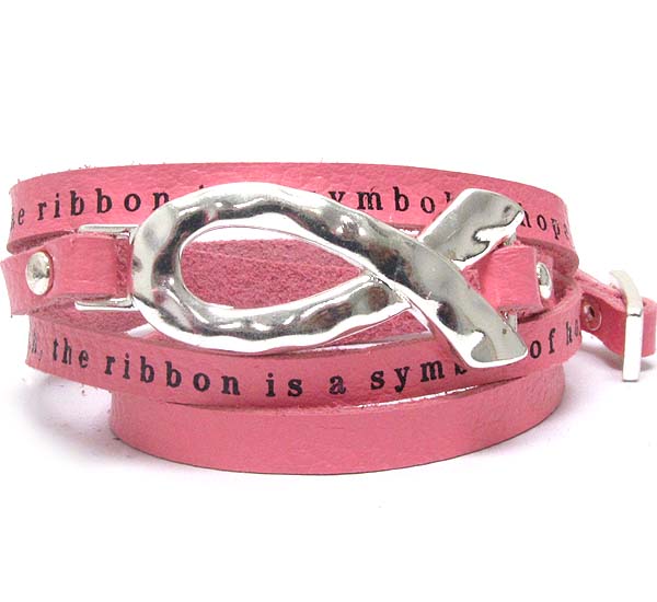 Hammered metal ribbon and leatherette message wrap bracelet - pink ribbon - breast cancer awareness