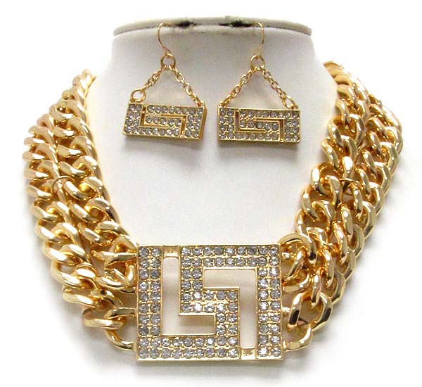 Crystal stud square pattern pendant metal chain necklace earring set