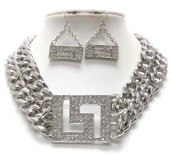 Crystal stud square pattern pendant metal chain necklace earring set