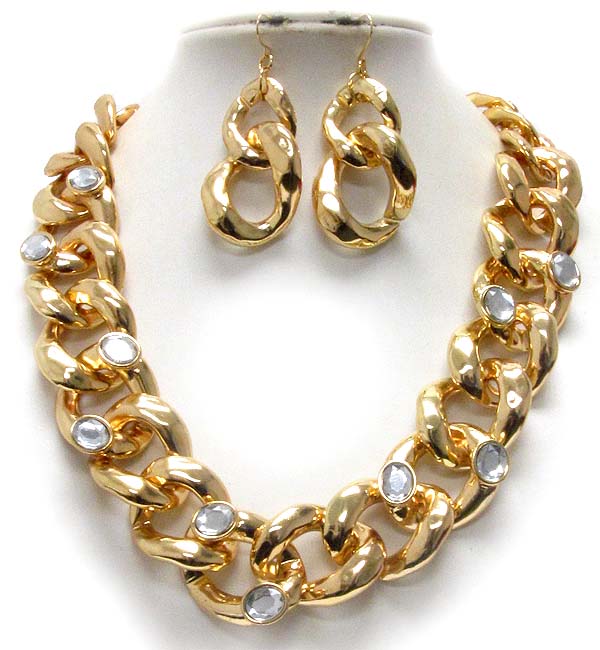 Acrylic stone accent on thick metal look chain necklace earring set