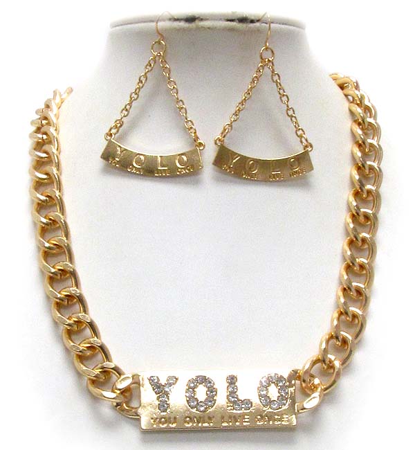 Crystal stud yolo message plate and metal chain necklace earring set - you live only once