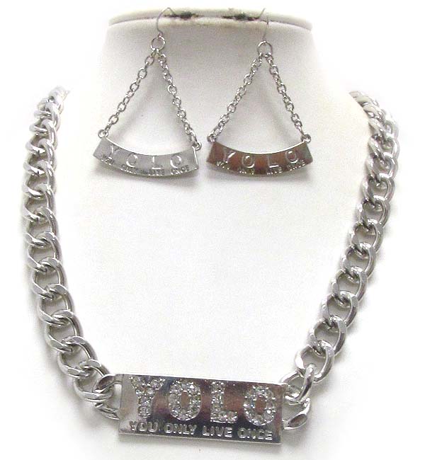 Crystal stud yolo message plate and metal chain necklace earring set - you live only once