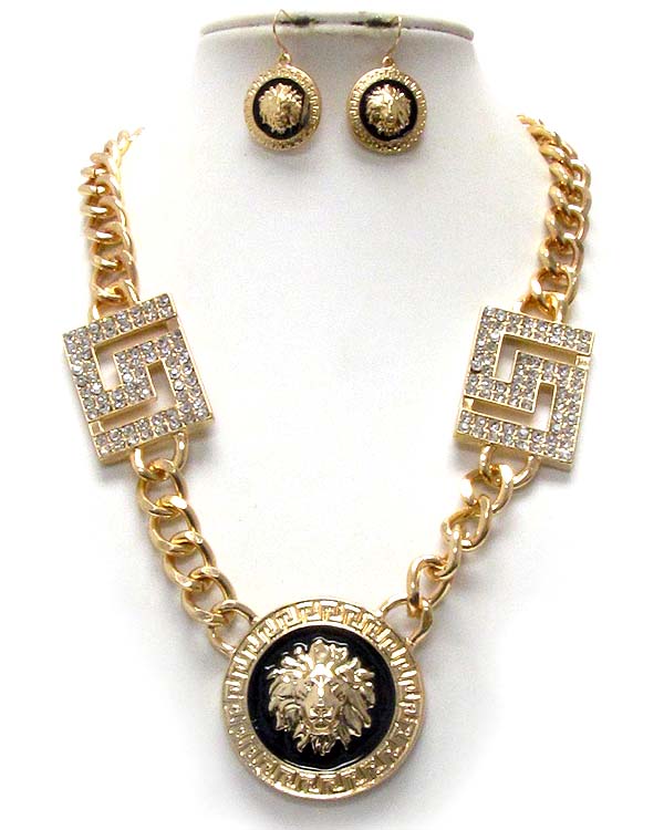 Crysatl stud pattern plate and epoxy deco lion head rihanna style necklace earring set