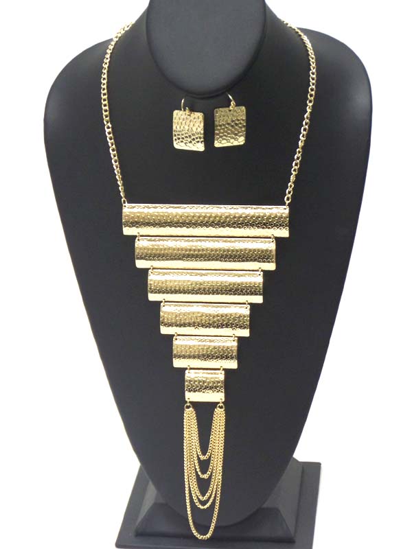 Textured multi metal bar and chain drop statement necklace earring set